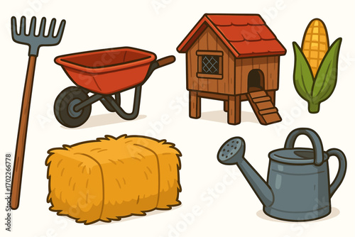 Rustic farm tools and structures with hay bale and corn