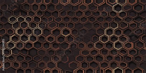 Abstract rusty metal background with a seamless honeycomb leopard print pattern and textured brown, yellow, and gold colors