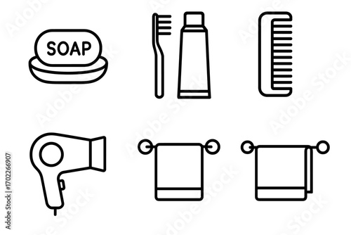 Minimalist bathroom essentials icons with soap, toothbrush, toothpaste, comb, hairdryer, towels