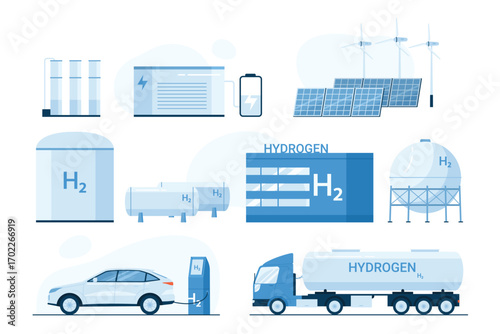 Hydrogen production set vector illustration. Cartoon isolated infographics of green innovation technology, H2 electrolysis plant station for power generation and transport, hydrogen storage tank