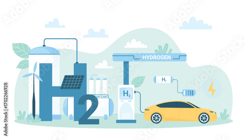 Refueling with green hydrogen fuel of eco friendly car at station, industrial infographic vector illustration. Cartoon vehicle with H2 or hybrid engine charging with energy from sustainable sources