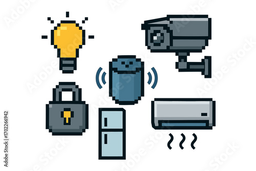 Pixel art smart home icons: security camera, light bulb, smart speaker