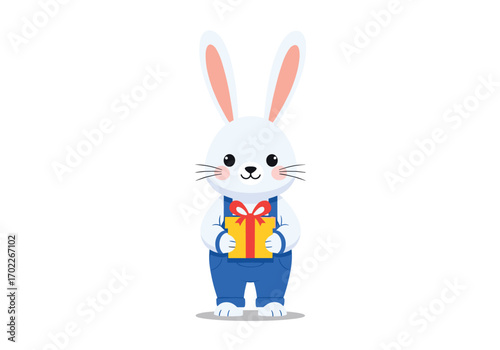Adorable cartoon rabbit holding a surprise gift in overalls a delightful celebration illustration