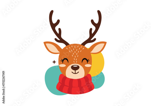 Adorable festive deer wearing a cozy red scarf with whimsical background elements