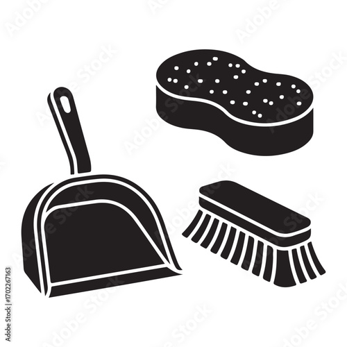 Black silhouette broom and sponge icons