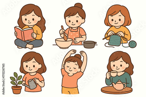 Young caucasian girls engaging in various activities: reading, cooking, knitting, gardening, exercising, drinking tea