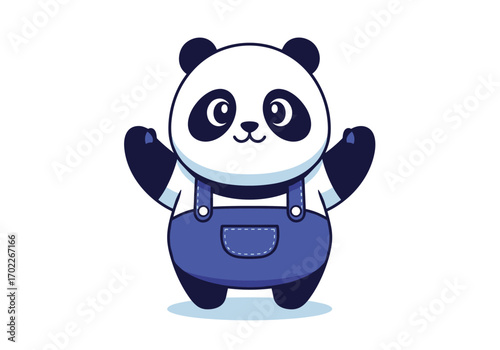 Cute cartoon panda wearing blue overalls waving hello and smiling joyfully adorable animal character