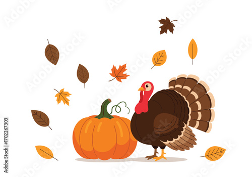 Autumn harvest turkey and pumpkin with falling leaves thanksgiving celebration