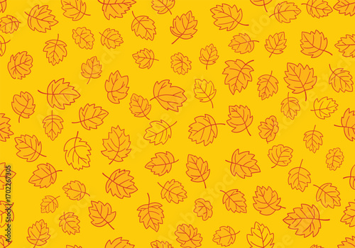 A vibrant autumn leaf pattern featuring falling foliage in warm golden hues and rustic orange tones