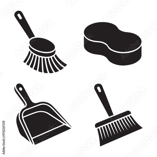 Black silhouette broom and sponge icons
