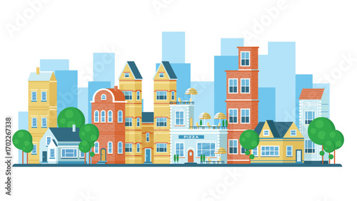 City landscape vector illustration. Cartoon urban cityscape with buildings exterior and trees, windows and doors in old colorful houses, Italian pizza cafe and shops on European summer street