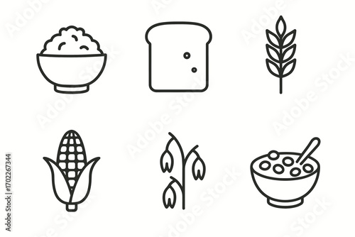 Icons of rice, bread, wheat, corn, oats, and cereal in minimalist black and white design