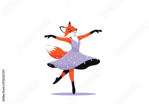 Graceful fox dancer in a sparkling dress performs a ballet pirouette