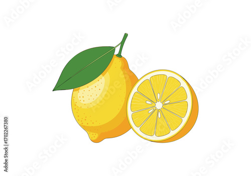 Vibrant yellow lemon citrus fruit with green leaf and slice isolated on white background freshness