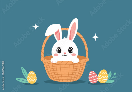 Adorable easter bunny peeking out of a woven basket surrounded by decorated eggs and greenery
