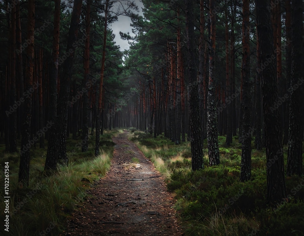 Obraz premium Enigmatic pathway leading through dense evergreen trees in the forest