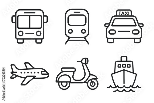 Simple icons of various modes of transport: bus, train, taxi, airplane, scooter, boat
