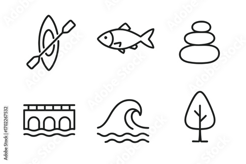 Minimalist outdoor icons: kayak, fish, zen stones, bridge, wave, tree