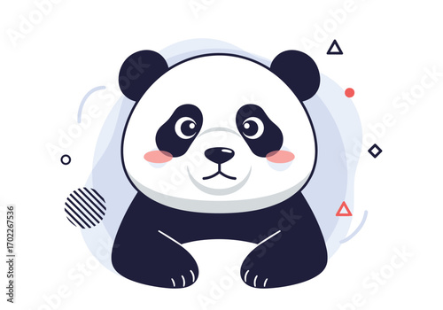 Adorable giant panda cub playing in bamboo forest surrounded by gentle abstract shapes