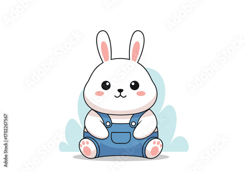Adorable fluffy white rabbit character wearing denim overalls sitting joyfully amidst soft greenery