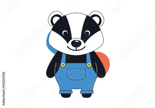 Adorable cartoon badger character wearing blue overalls and carrying a backpack for childrens educational content