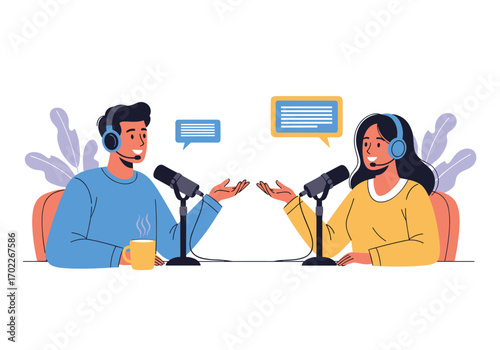 Engaging dialogue between two podcasters recording an audio broadcast and discussing ideas live