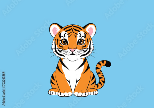 Adorable cartoon tiger cub sitting looking forward with big eyes and cute stripes