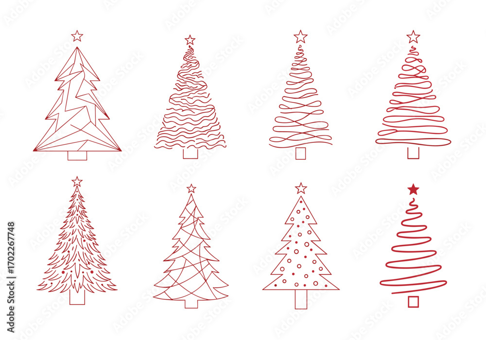 Collection of stylized christmas trees with festive designs and decorations
