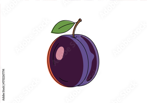 A vividly illustrated purple plum with a stem and a single leaf on a pure white background