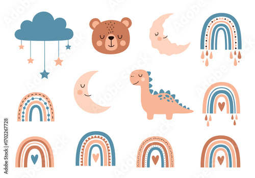 Adorable nursery decor featuring cute animals celestial elements and rainbows for childrens rooms