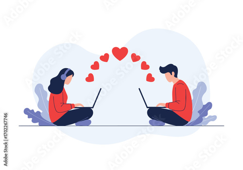 Online connection between two people using laptops sending hearts symbolizing love and communication through digital platforms