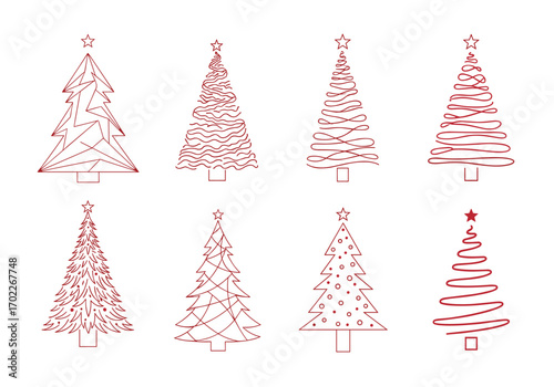 Collection of stylized christmas trees with festive designs and decorations