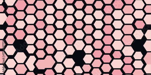 Geometric black and gray hexagonal seamless pattern with a honeycomb mesh texture and a 3D metallic feel