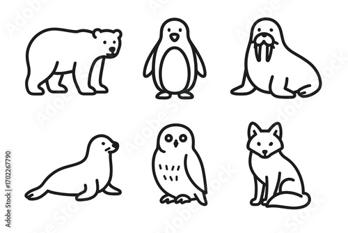Line art illustrations of polar animals: bear, penguin, walrus, seal, owl, fox