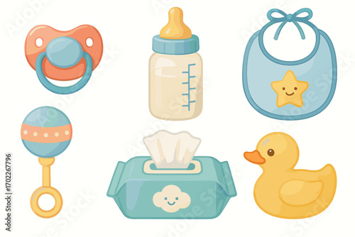 Cute baby essentials set with pacifier, bottle, bib, and rubber duck