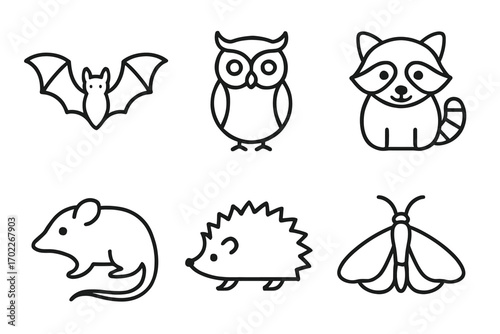 Cute forest animal icons: bat, owl, raccoon, mouse, hedgehog, moth