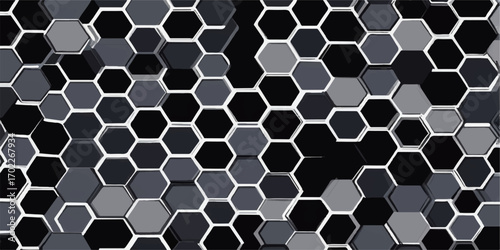Seamless hexagonal honeycomb pattern on a black metallic grid with a soccer ball texture