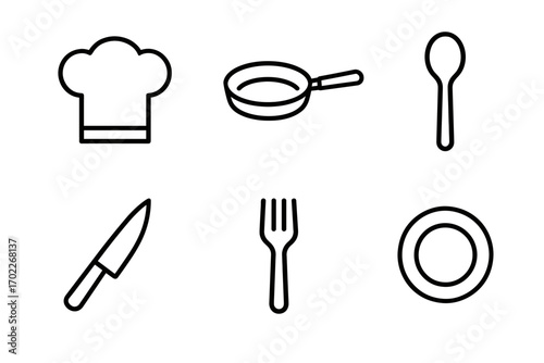 Simple line icons of kitchen utensils including chef hat, frying pan, spoon, knife, fork, and plate