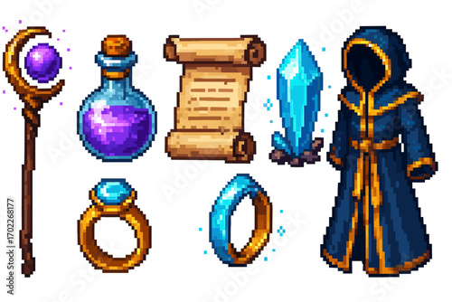 Pixel art magic items: staff, potion, scroll, crystal, ring, robe