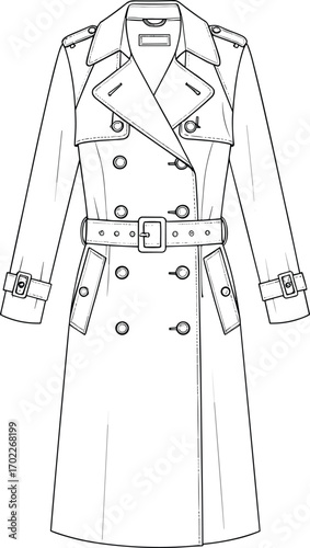 Classic trench coat fashion flat, CAD sketch, technical garment drawing, outerwear design template, coat front view vector illustration