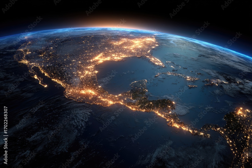 Fototapeta premium Planet Earth at Night Illuminated by City Lights Over North and Central America from Space.
