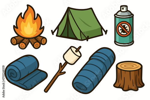Camping essentials: tent, campfire, sleeping bag, insect spray, marshmallow, log