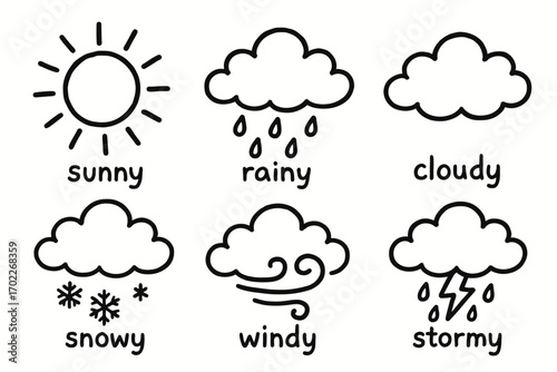 Simple weather icons: sunny, rainy, cloudy, snowy, windy, stormy illustrations