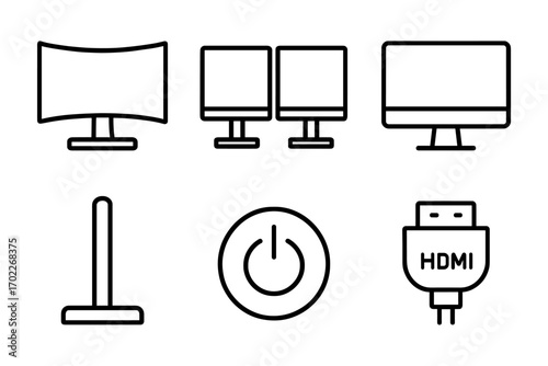 Line icons collection: monitors, power button, hdmi port