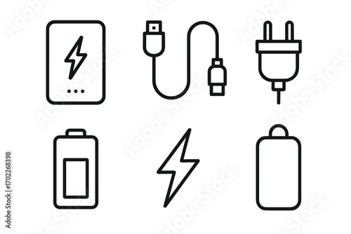 Battery and charging icons set: power bank, usb cable, plug, battery, lightning bolt