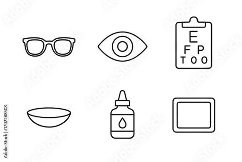 Optometry symbols: glasses, eye chart, contact lens, eye drops, vision care icons