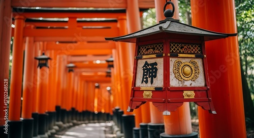 Fushimi Inari Shrine Lantern and Torii Gates in Kyoto, Japan.