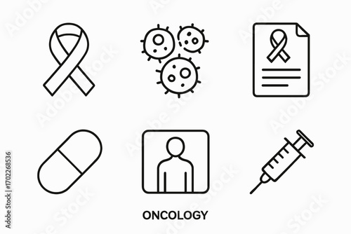 Cancer awareness icons: ribbon, cells, document, pill, person, syringe for oncological education