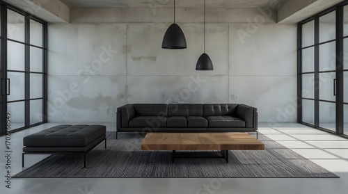 A modern minimalist living room featuring a black leather sofa, wooden coffee table, concrete walls, and large industrial-style windows.