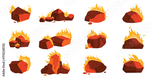 Hot burning coal with fire set vector illustration. Cartoon isolated red glowing charcoal stones with flame, fiery pile of embers burn in wood bonfire or oven, collection of flaming coal pieces